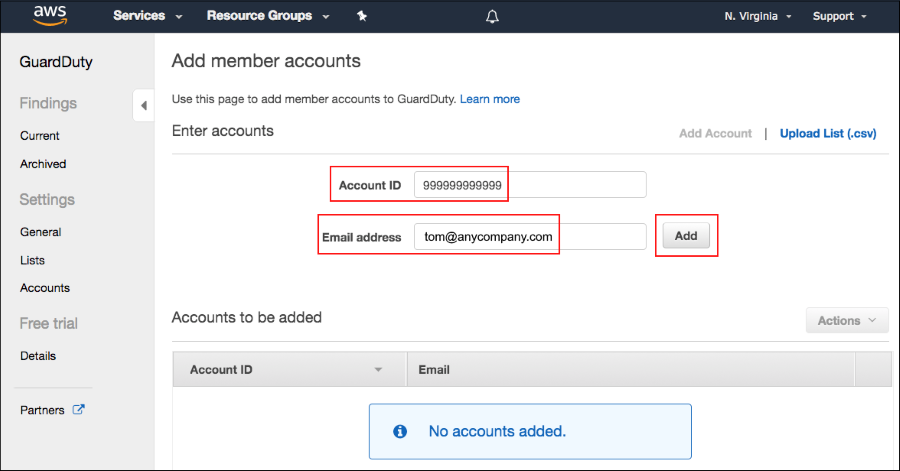 Screenshot of adding an account