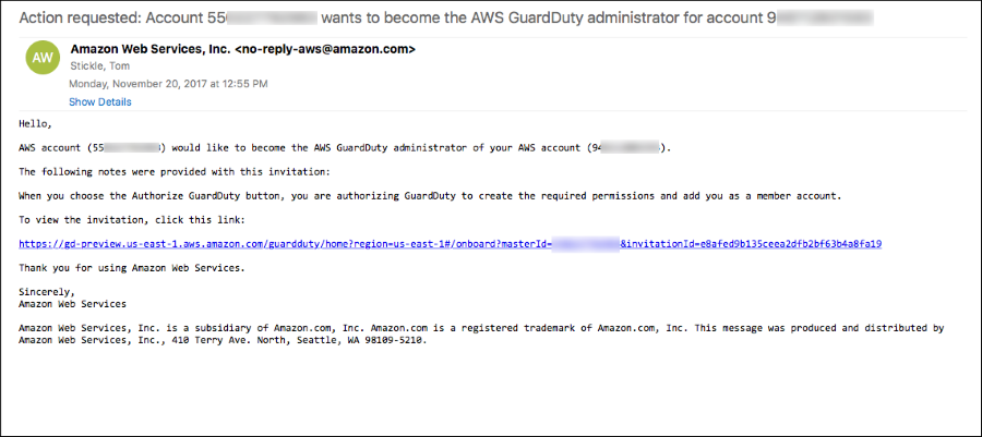 Screenshot of the invitation sent by email