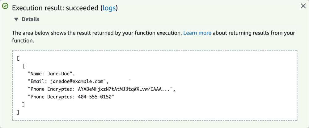 Screenshot of the encrypted and decrypted phone number data Screenshot of the encrypted and decrypted phone number data