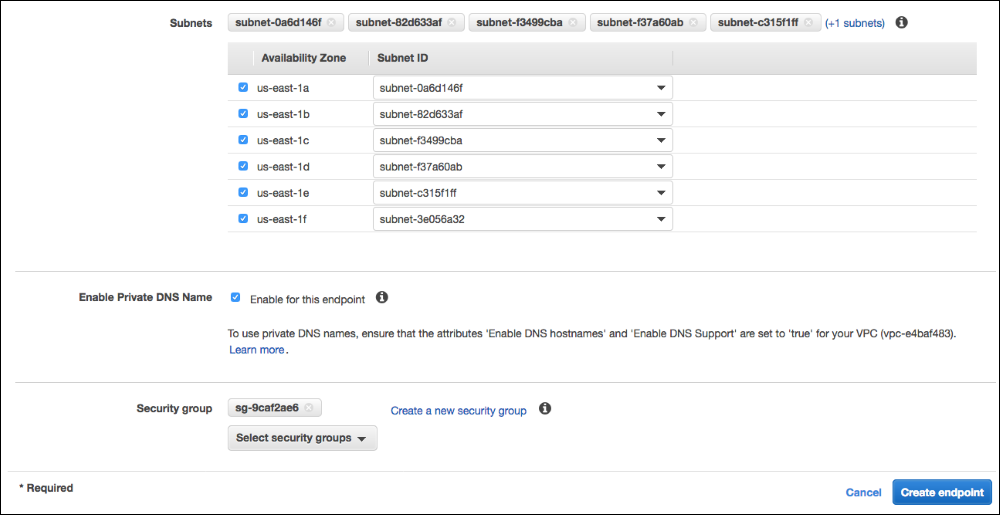 Screenshot of choosing a subnet from each Availability Zone from which you want to connect