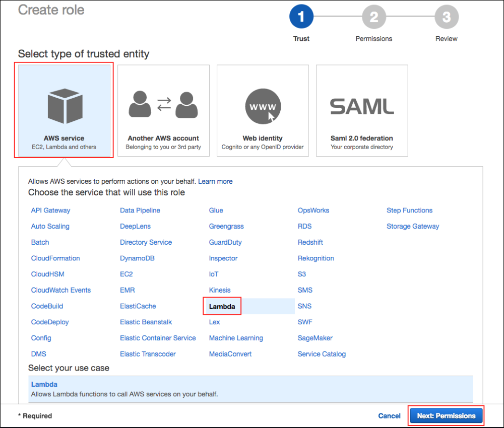 Screenshot of the first step in creating the IAM role