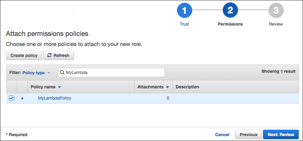 Screenshot of attaching MyLambdaPolicy to the role