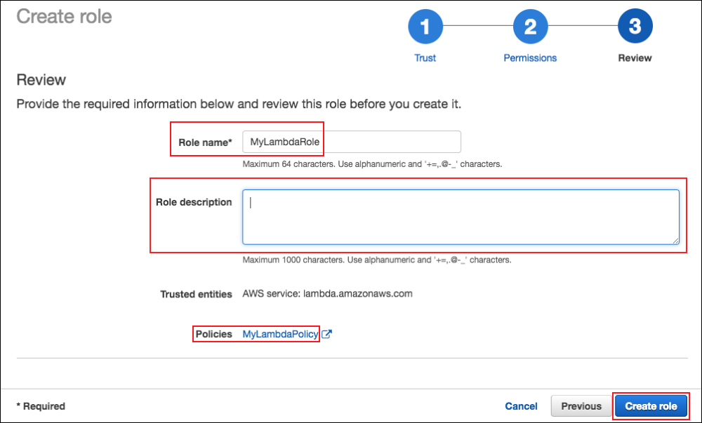 Screenshot of the review page of the role-creation process