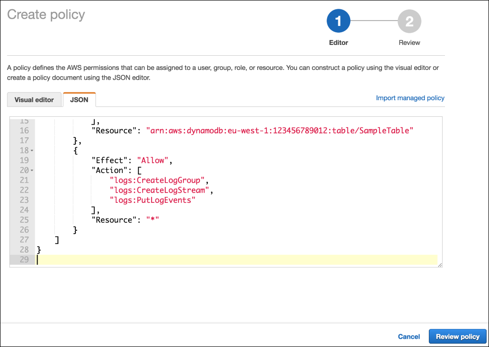 Screenshot of creating the IAM policy