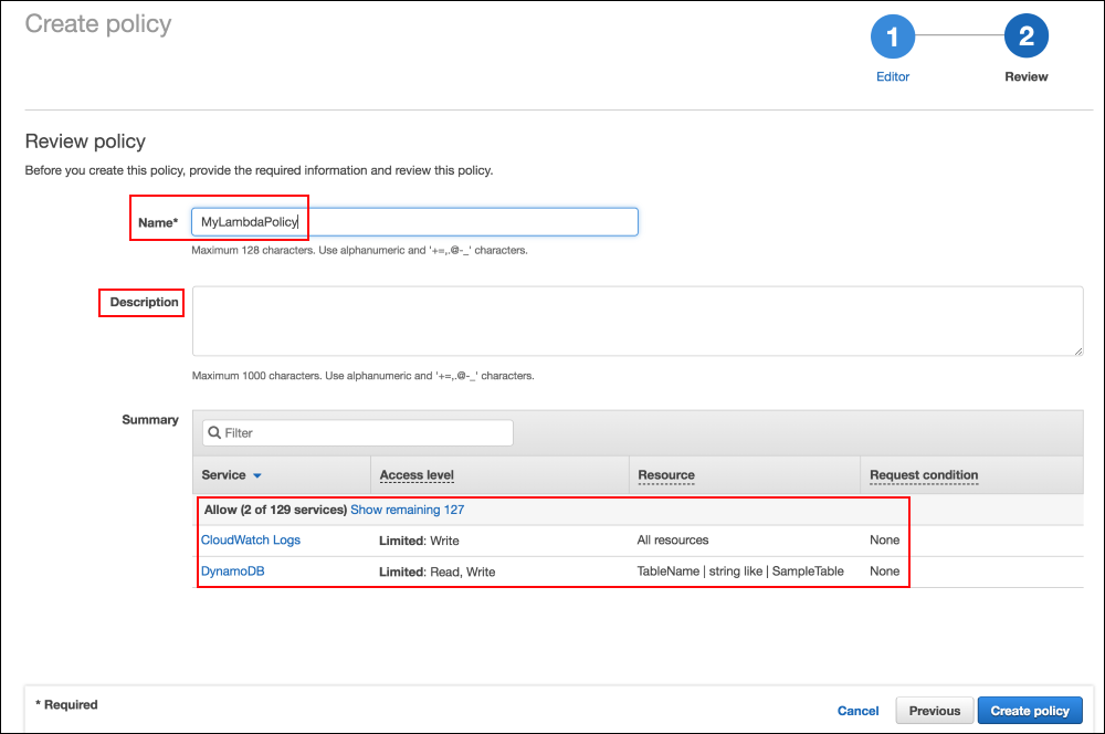 Screenshot of reviewing the policy creation
