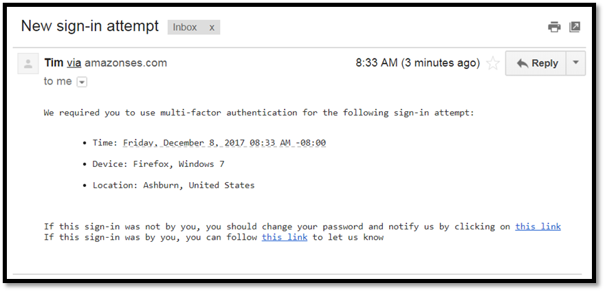 Screenshot of a notification of a sign-in attempt that’s been determined to have some risk