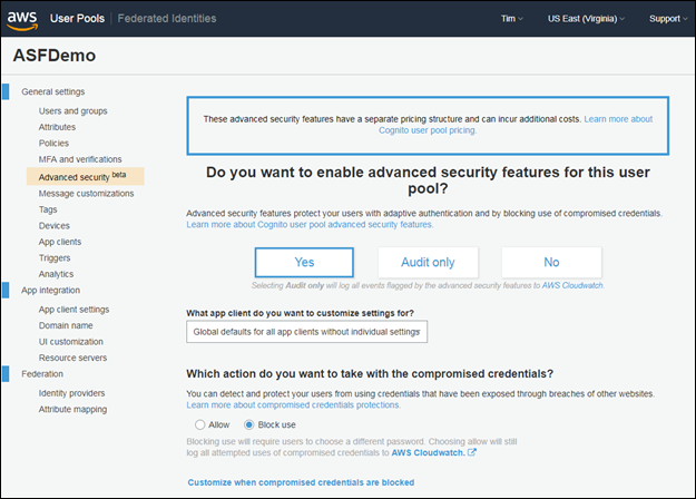 Screenshot of enabling advanced security features for a user pool