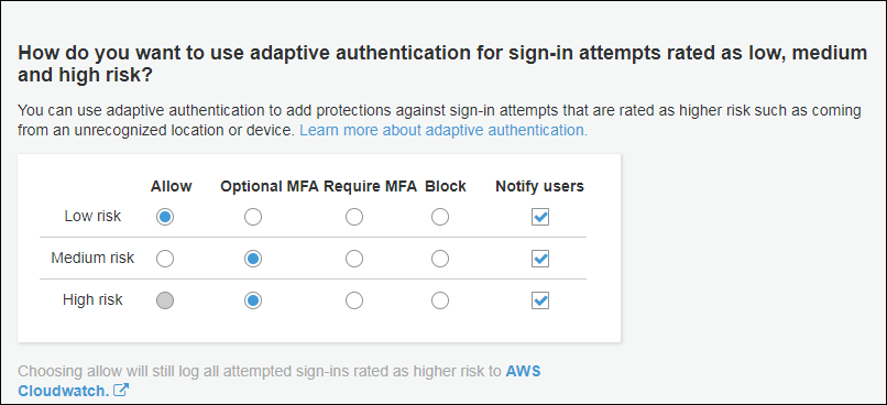 Screenshot of adaptive authentication configuration