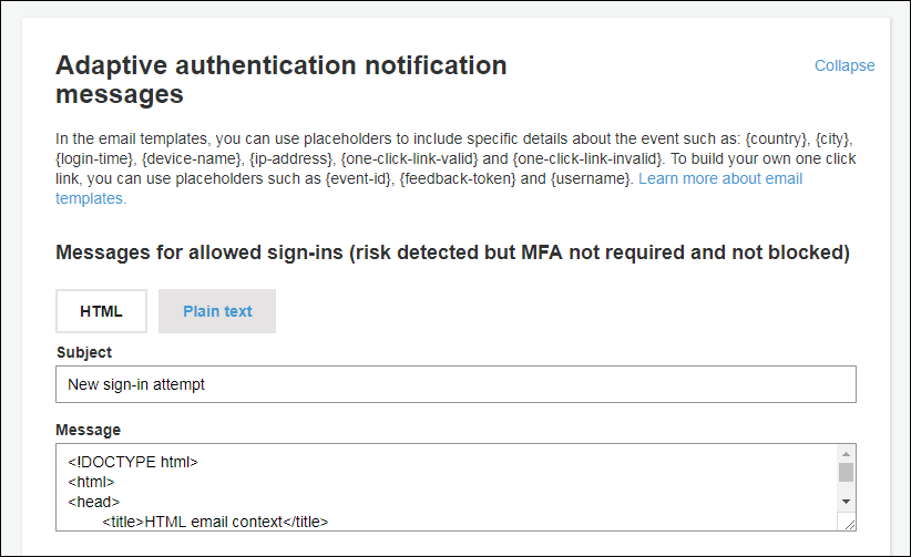 Screenshot of configuring adaptive authentication notification messages