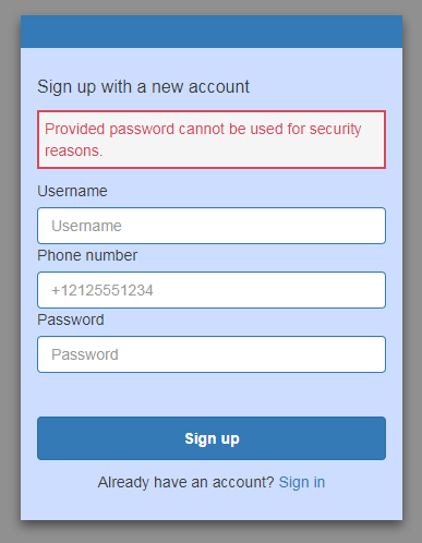 Screenshot showing compromised credentials being prevented from setting up a new account