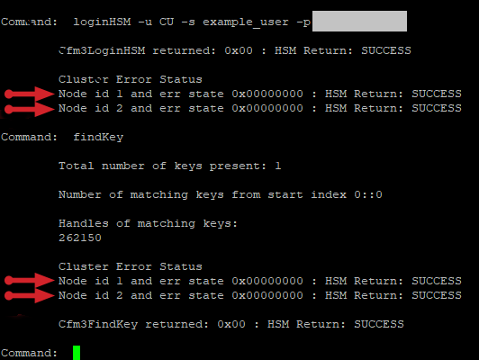 Showing that keys are properly synchronized across a 2-node CloudHSM cluster