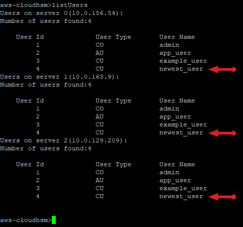 Showing that users are now synchronized across the 3-node CloudHSM cluster