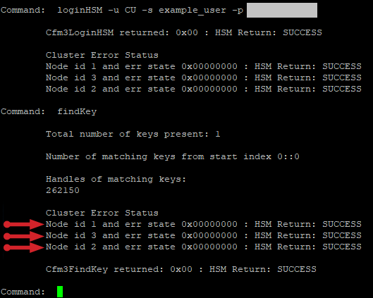 Showing that keys continued to be synchronized across a 3-node CloudHSM Cluster