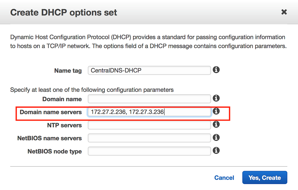The "Create DHCP options set" dialog box