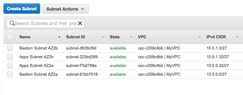 Screen shot of bastion and apps subnets