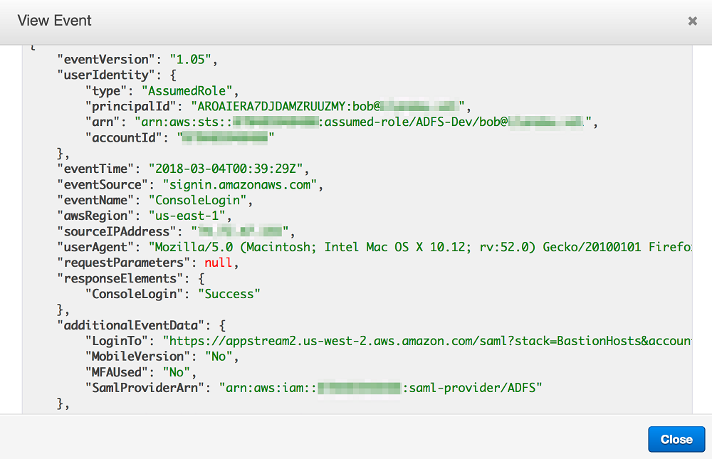 An example CloudTrail event