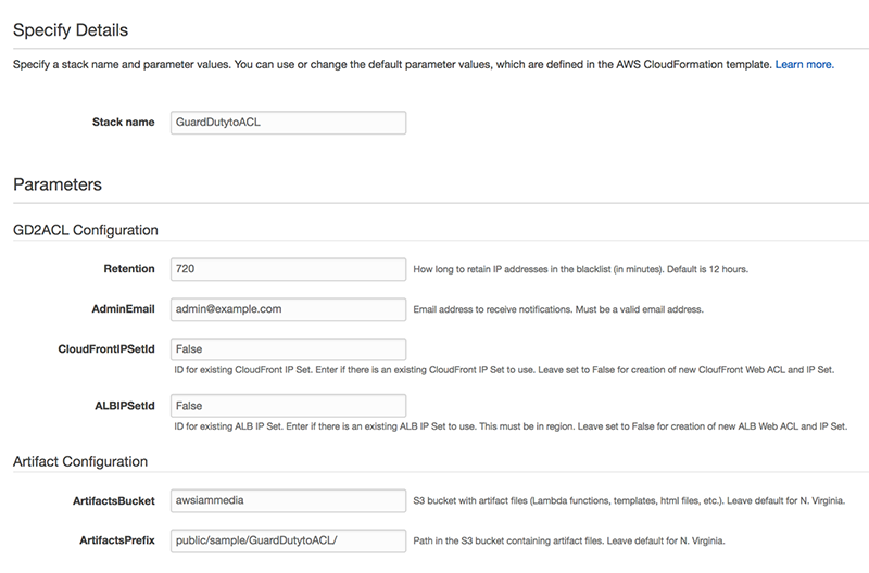 Figure 2: CloudFormation parameters on the "Specify Details" page