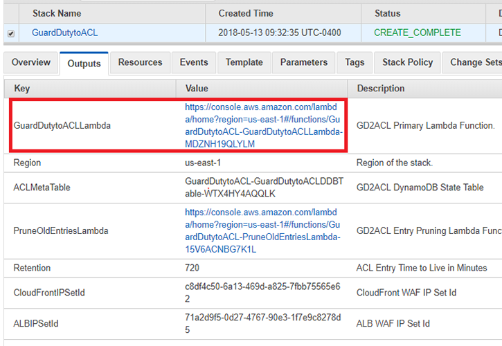 Figure 6: The "GuardDutytoACLLambda" entry on the "Outputs" tab