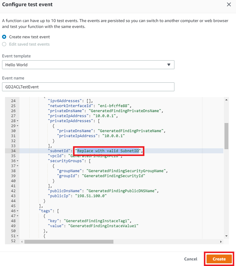 Figure 9: Update the value of the "subnetId" key 