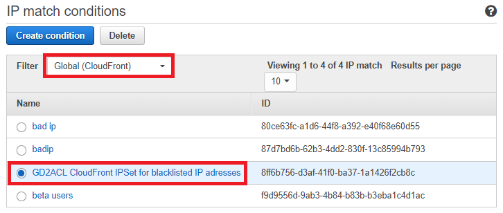 Figure 12: Filter the list and then select "GD2ACL CloudFront IPSet for Blacklisted IP addresses"
