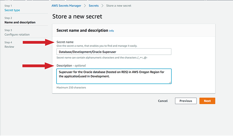 Figure 3: Provide values for "Secret name" and "Description"