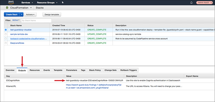 Figure 5: The "Outputs" tab and the "ESCognitoRole" key