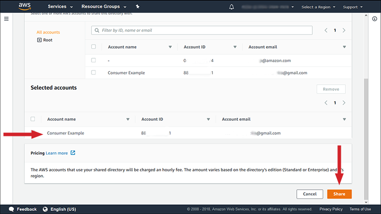 Figure 4: Selected accounts and the "Share" button