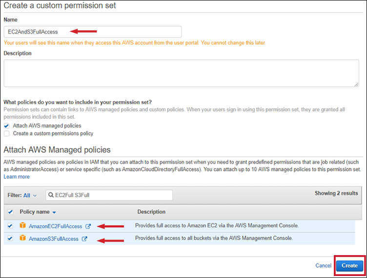 Figure 10: Attaching AWS managed policies to your permission set
