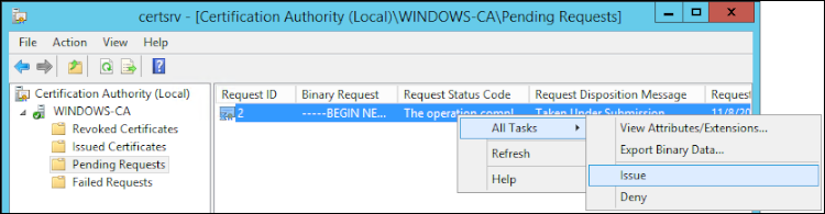 Figure 4:  Select "Issue" to move your certificate to "Issued Certificates"