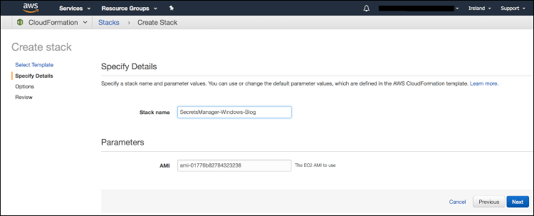 Figure 2: Select a unique "Stack name" and supply the AMI of the EC2 Windows image you want to use