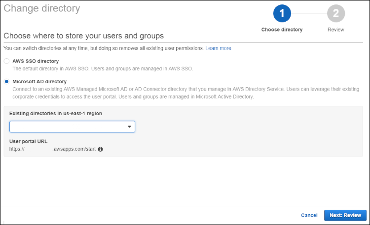 Figure 6: Select "Microsoft AD Directory" and then select the directory you created as a part of the prerequisites