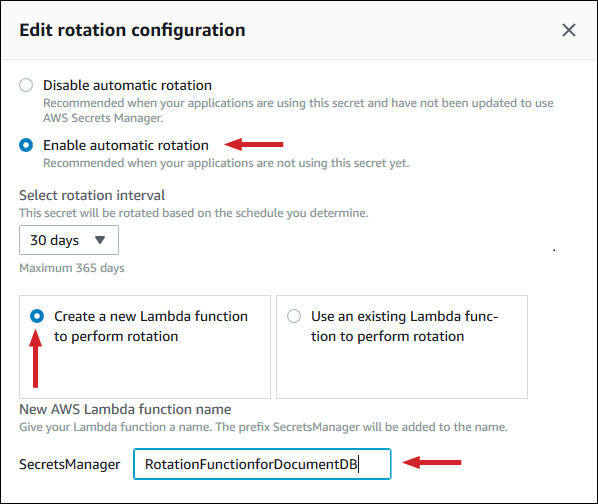 Figure 11: Chose to enable automatic rotation, select a rotation interval, create a new Lambda function, and give it a name