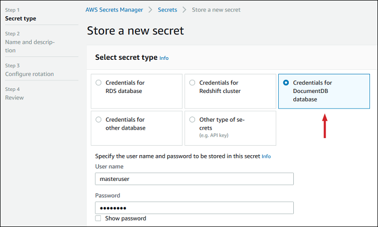 Figure 2: Select "Credentials for DocumentDB database"