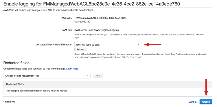 Figure 10: Choose your delivery stream, and select "Create"