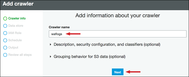 Figure 11: Enter "Crawler name," and select "Next"