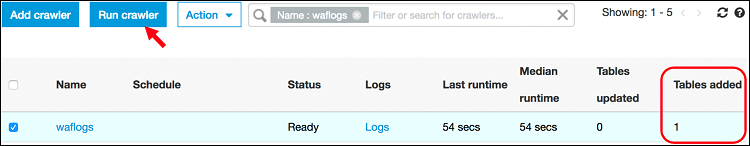 Figure 16: Choose "Run crawler" to create an Amazon Athena table