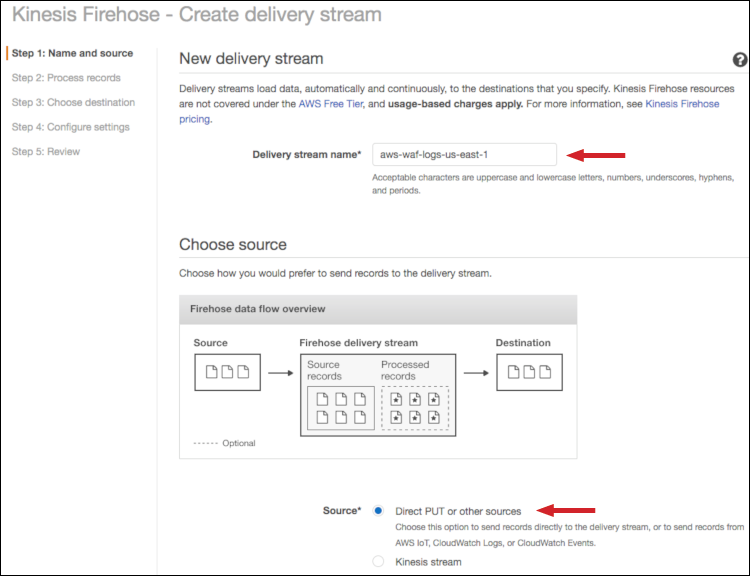 Figure 2: Select the delivery stream name and source