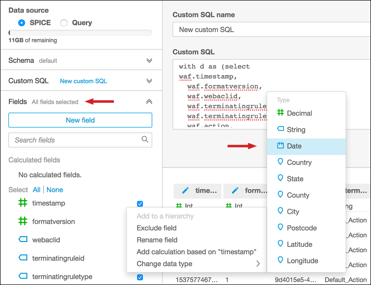 Figure 21: In the Amazon Quicksight console, change the data type to "Date"