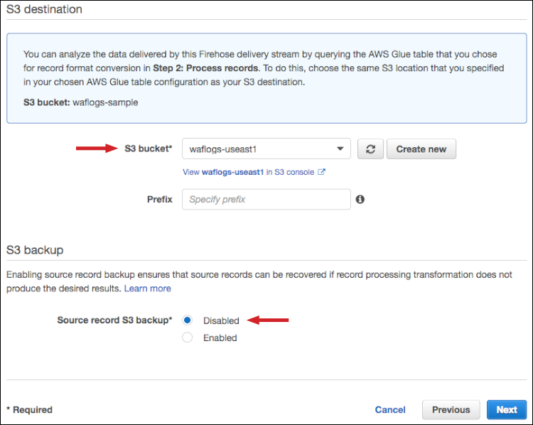 Figure 6: Enter the S3 bucket name, and select "Disabled" for the Source record S3 backup