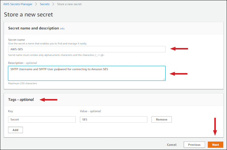 Figure 7: Enter "AWS-SES" as the secret name