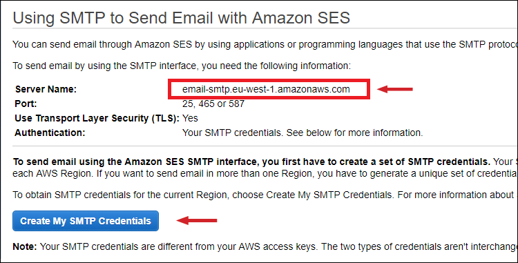 Figure 3: Make a note of the SES SMTP Server Name