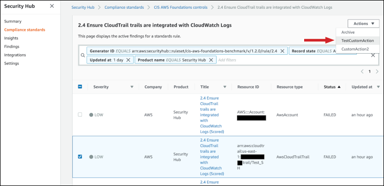 Figure 11: Findings generated against CIS check 2.4 in the Security Hub Console