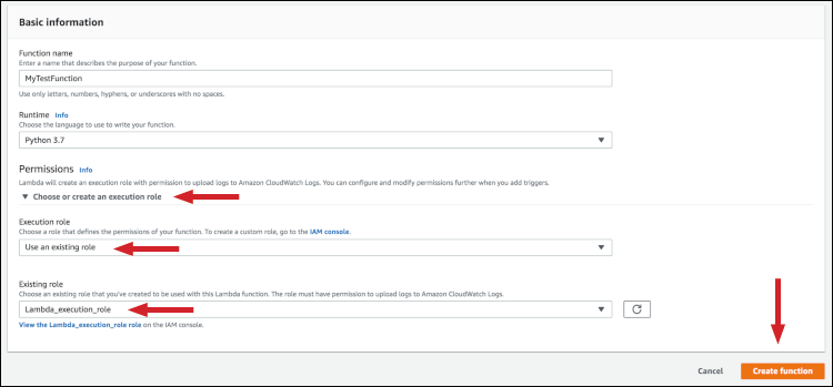 Figure 6: Updating basic information and permissions to create the Lambda function