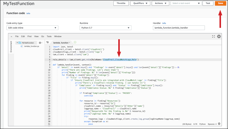 Figure 7: Editing Lambda code to replace the correct CloudTrail role