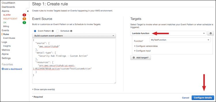 Figure 8: Adding your created Lambda function as Target for the CloudWatch rule