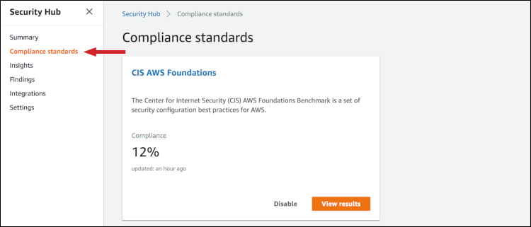 Figure 9: Compliance standards page in the Security Hub console