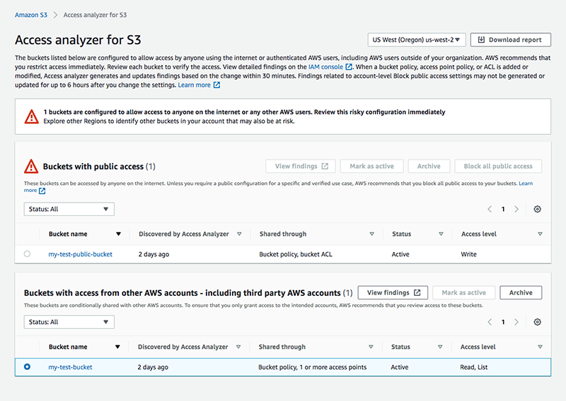 Figure 3: Access Analyzer for S3 findings report in the S3 Management Console