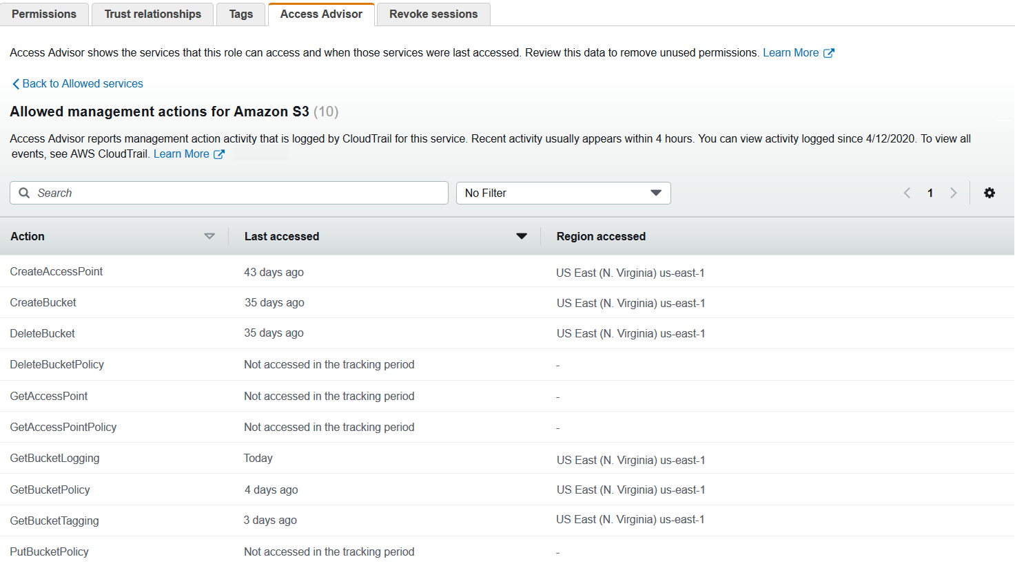 Figure 3: List of S3 actions with access data