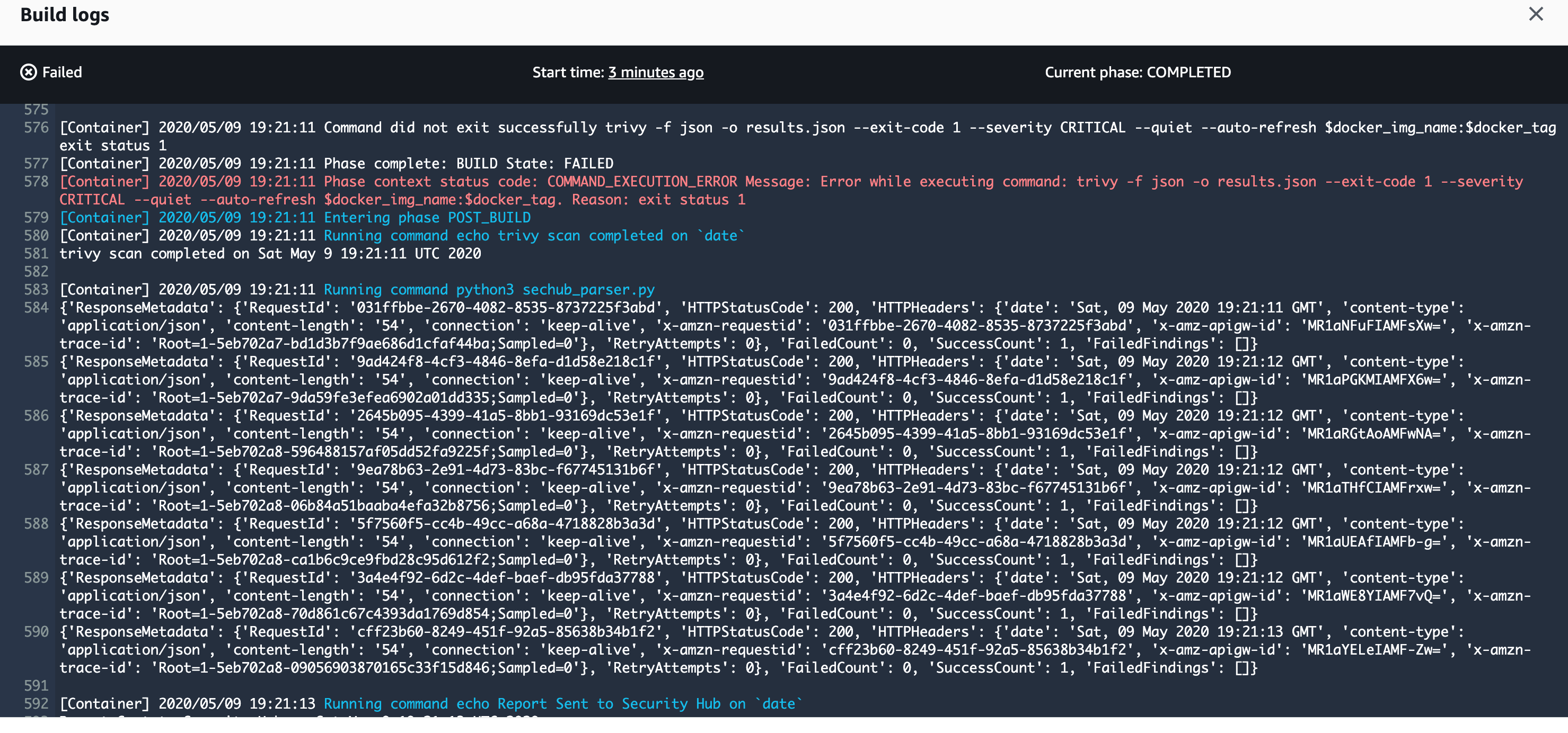 Figure 6: CodeBuild logs failure