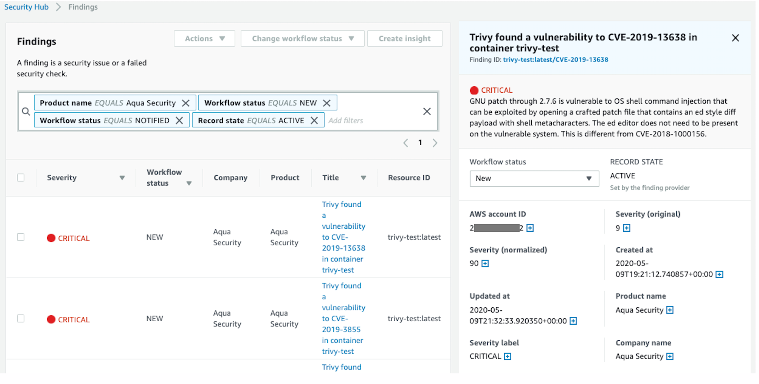 Figure 8: Security Hub Findings pane